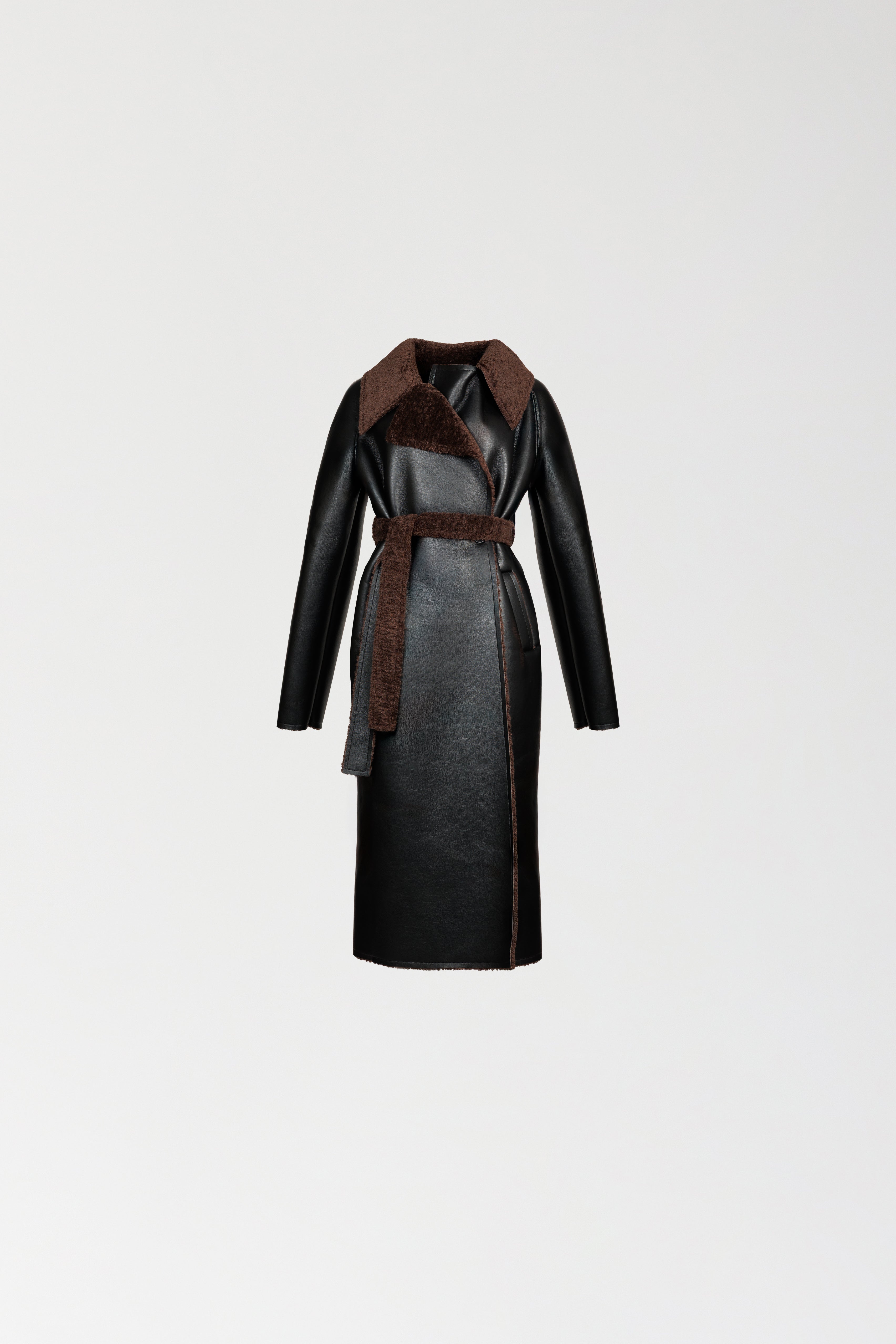 Kożuch z paskiem czarny z brązowym futrem